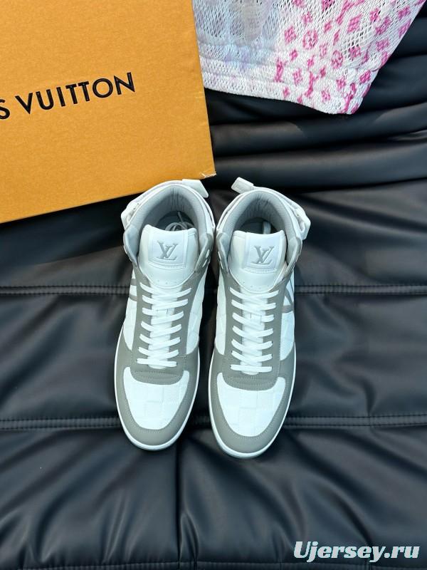 2024 Men Louis Vuitton White Grey Leather Canvas High Top Classic Sneakers MJ00420
