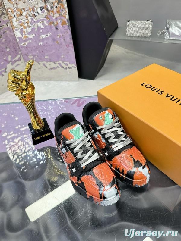 2024 Unisex Louis Vuitton Orange Black White Leather Denim Plimsolls Artist Hand-drawn MJ00780