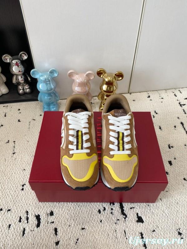 2025 Unisex Valentino Beige Brown Yellow Suede Silk Cow Leather Sneakers LY00340