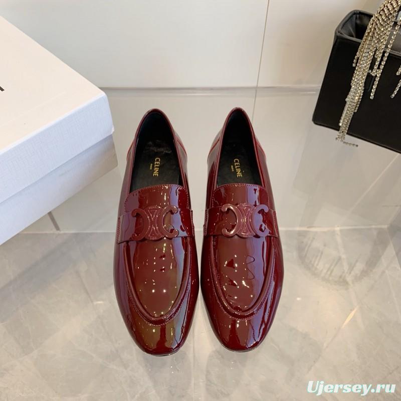 2025 Women CELINE Burgundy Patent Leather Loafers
