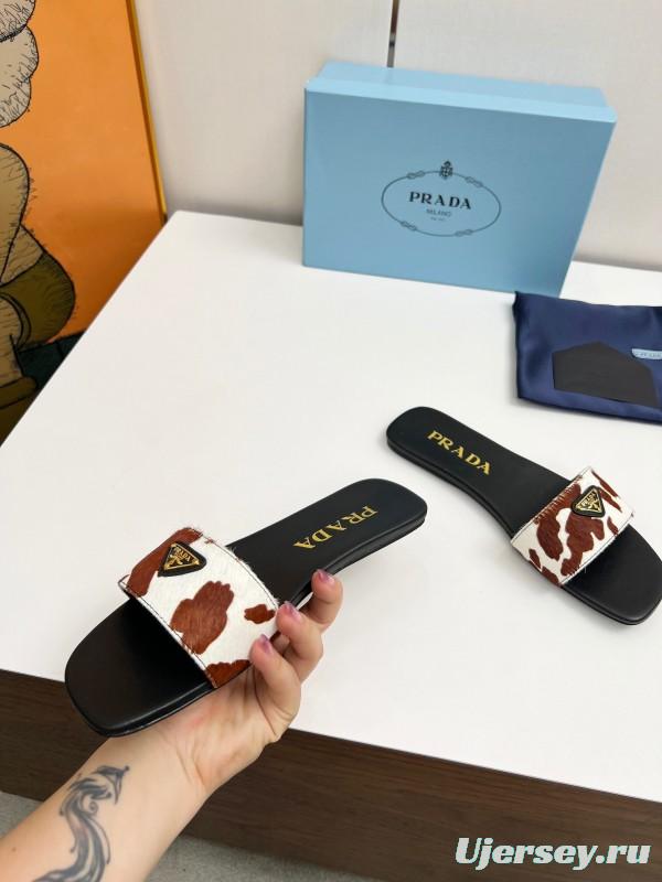 2025 Women Prada Brown White Calf Hair Leather Slippers LY00220