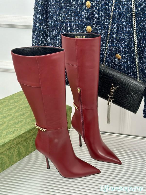 2024 Women Gucci red leather high heel knee boots