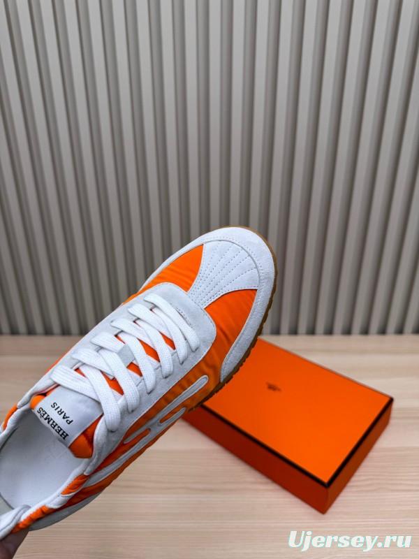 2025 Unisex Hermès Orange White Suede Nylon Sneakers Top Version LY00310