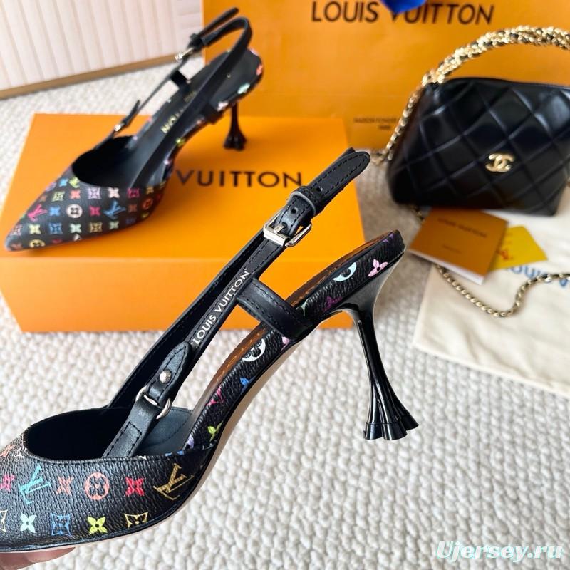 2025 Women Louis Vuitton Black Multicolor Canvas Leather Slingback Heels
