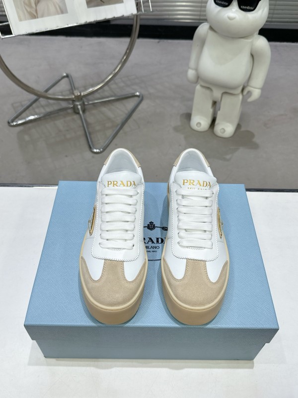 2025 Women Prada White Beige Leather Suede Sneakers