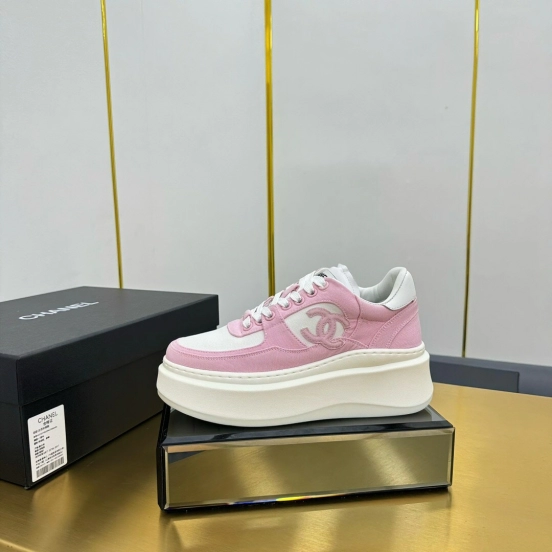 2025 Women Chanel Pink White Leather Suede Platform Sneakers