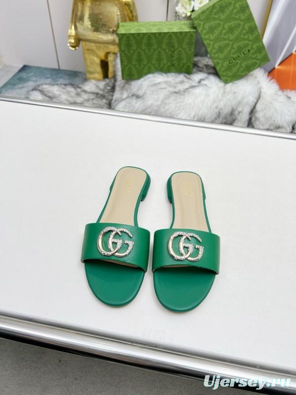 2025 Women Gucci Green Leather Flat Heel Slippers Double G Buckle MJ00190
