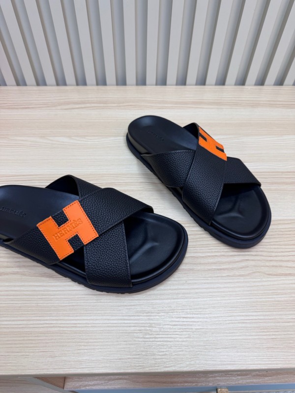 2025 Slippers Hermès Black Orange Leather Slippers