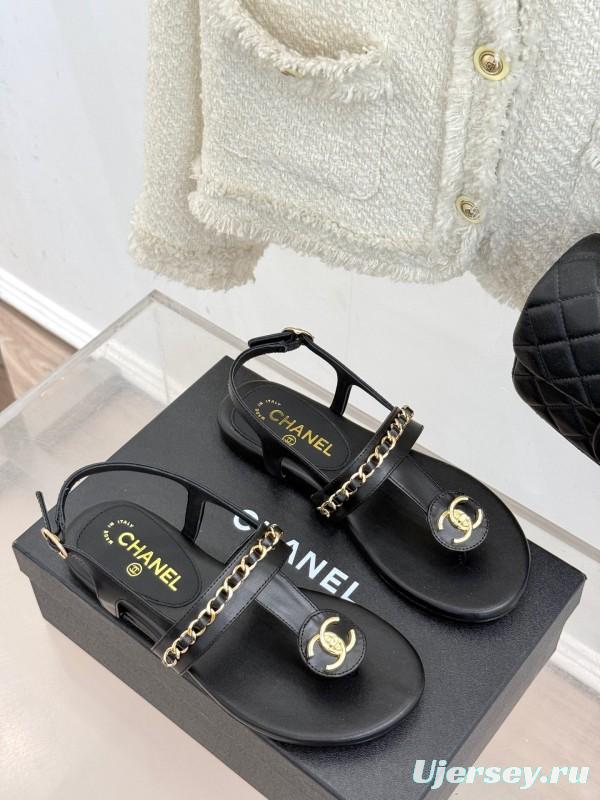 2025 Women Chanel Black Leather Sandals KFY00250