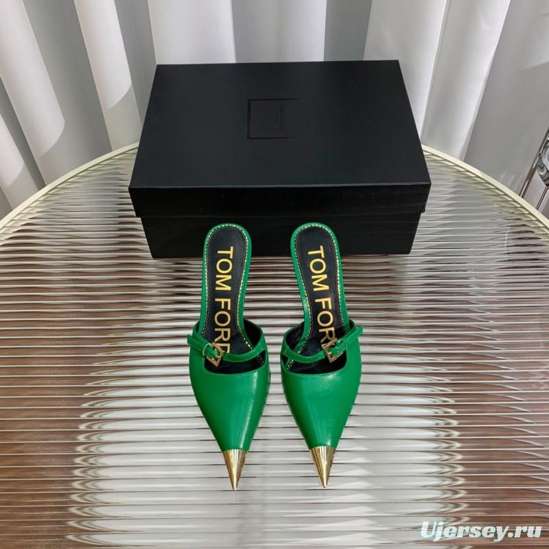 2025 Women TOM FORD Green Gold Leather Pointed Toe Mules KFY00300