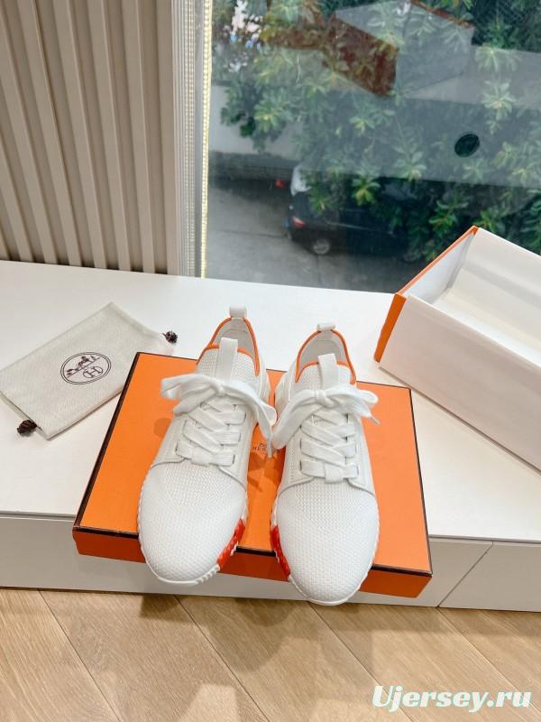2024 Unisex Hermès white orange knit leather sneakers
