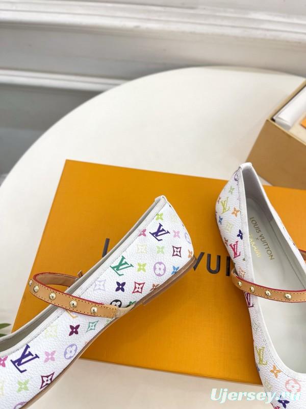 2025 Women Louis Vuitton White Multicolor Canvas Ballet Flat MJ00300