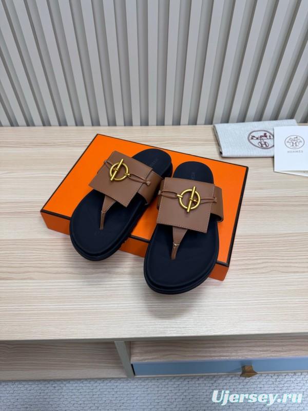 2025 Slippers Hermès Brown Black Leather Slippers