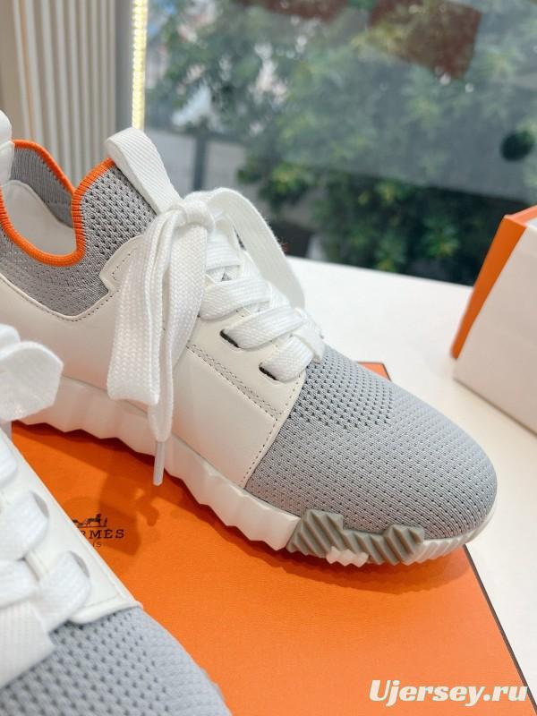 2024 Unisex Hermès Gray White Orange Calf Leather Suede Knit Sneakers MJ00290