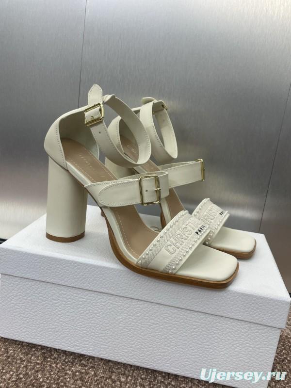 2025 Women Dior White Calfskin Leather Embroidered Sandals KFY00320
