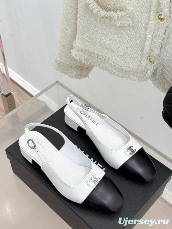 2025 Women Chanel White Black Leather Slingback Heels