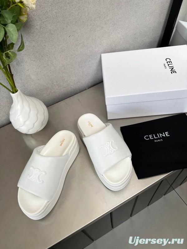 2025 Slippers Celine White Leather Platform Embossed LY00240