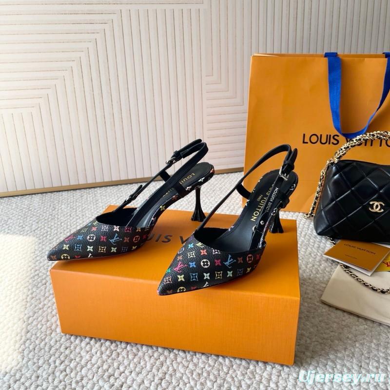 2025 Women Louis Vuitton Black Multicolor Canvas Leather Slingback Heels