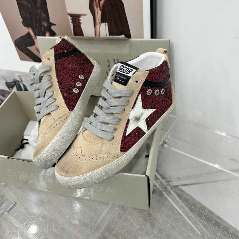 2024 Unisex GGDB Burgundy Beige Glitter Leather High Top Sneakers MJ00300