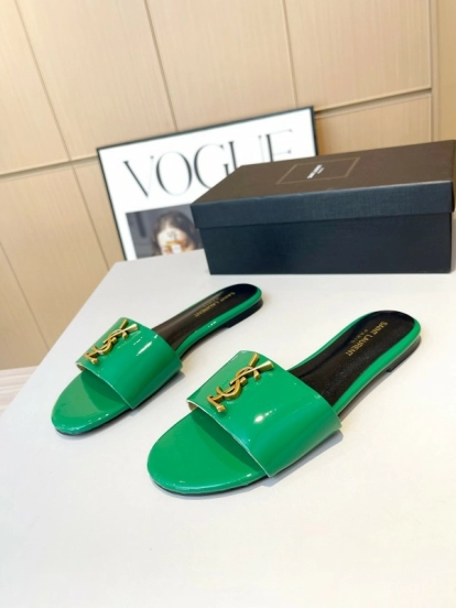 2025 Women Yves Saint Laurent Green Leather Slippers LY00180