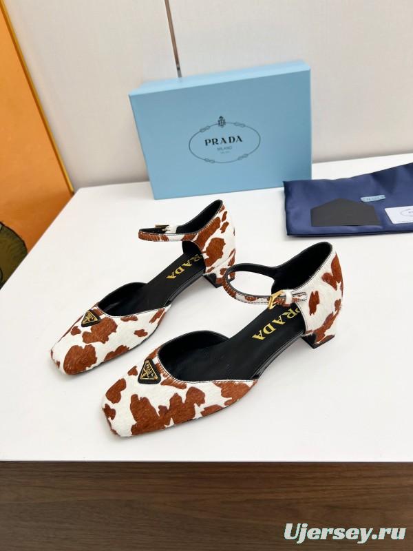 2025 Women Prada Brown White Calf Hair Strap Heels LY00270