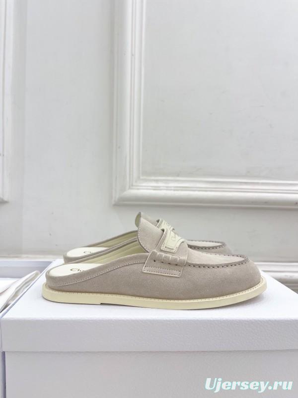 2025 Women Dior Beige Suede Mule Loafers Vintage Style Handmade LY00360(F)