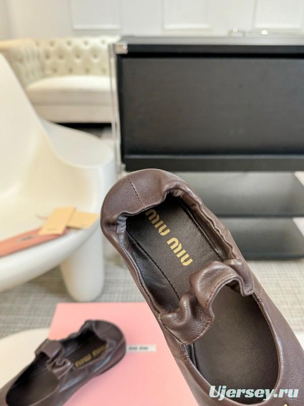 2025 Women Miu Miu Brown Leather Ballet Flats