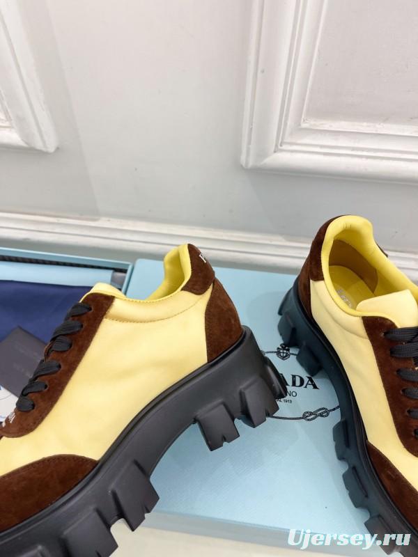 2025 Unisex Prada Yellow Brown Suede Silk Sneakers KFY00310(F)/KFY00330(M)