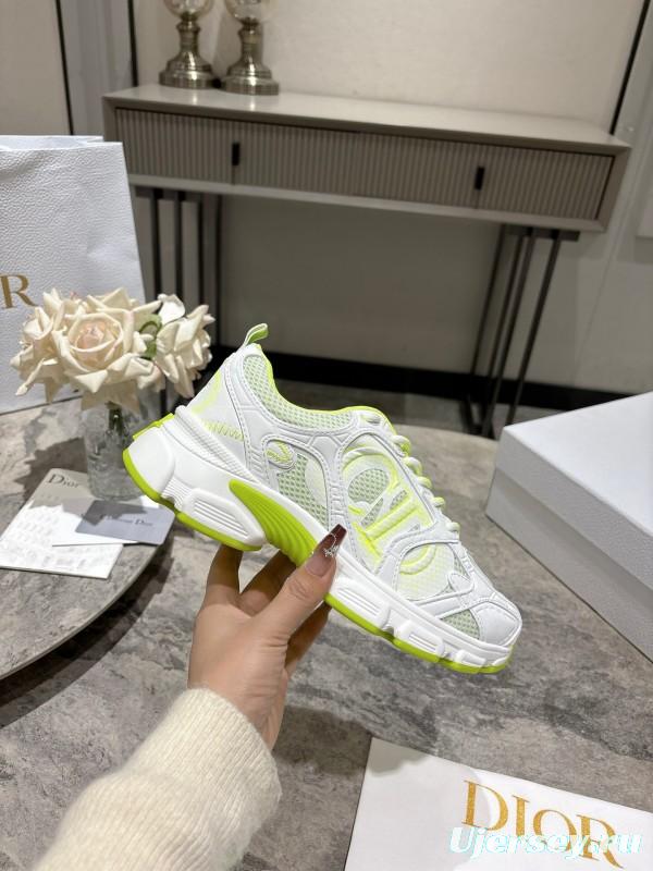 2025 Women Dior White Neon Yellow Mesh Leather Sneakers KFY00370