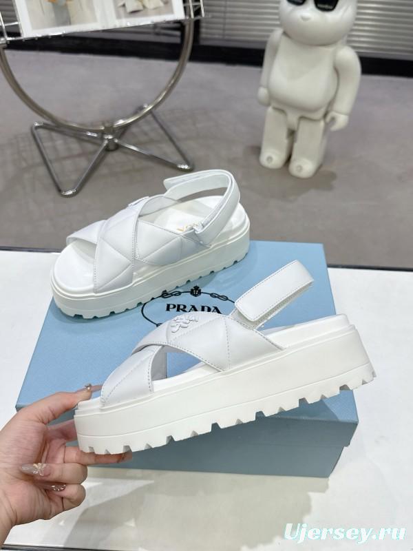 2025 Women Prada White Leather Sandals KFY00280