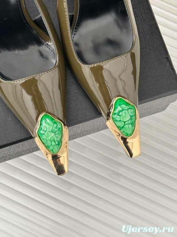 2024 Women Yves Saint Laurent Olive Green Gold Calf Leather Slingback Gemstone High Heels MJ00330