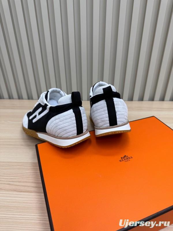 2025 Unisex Hermès White Black Suede Goat Leather Sneakers Top Version KFY00300