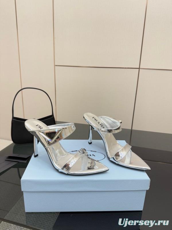 2025 Women Prada Silver Leather Pointed Toe Sandals