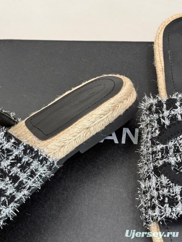 2025 Slippers Chanel Black White Tweed Espadrille Handcrafted KFY00230