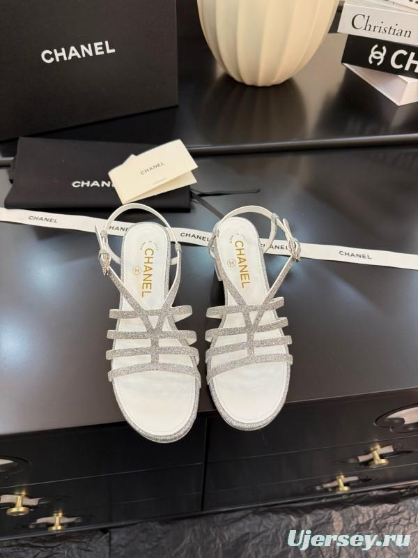 2025 Women Chanel White Synthetic Leather Sandals