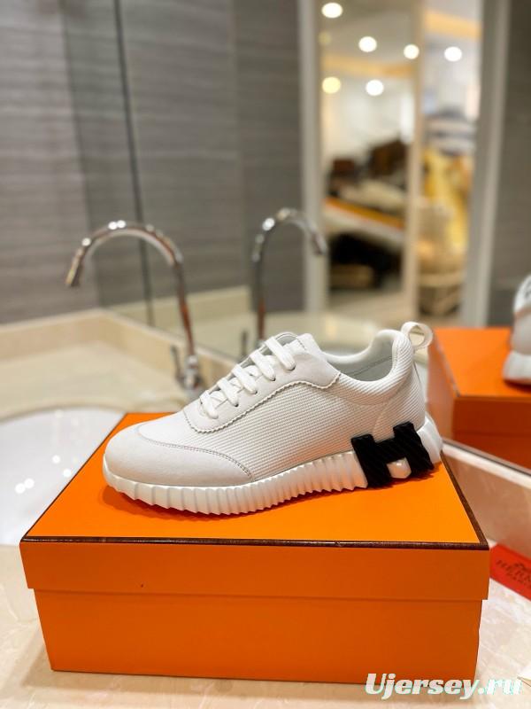 2024 Unisex Hermès White Imported Kipskin Silk Leather Casual Sneakers MJ00320