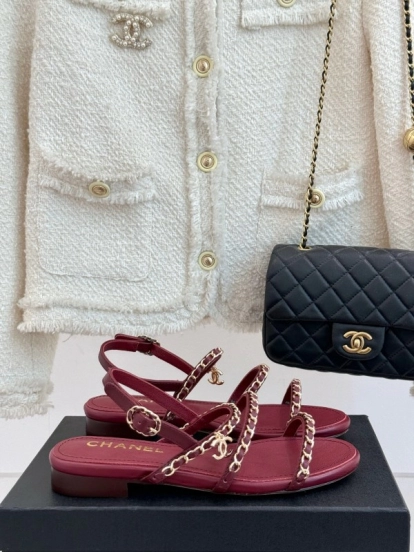 2025 Women Chanel Red Lambskin Chain Strap Sandals