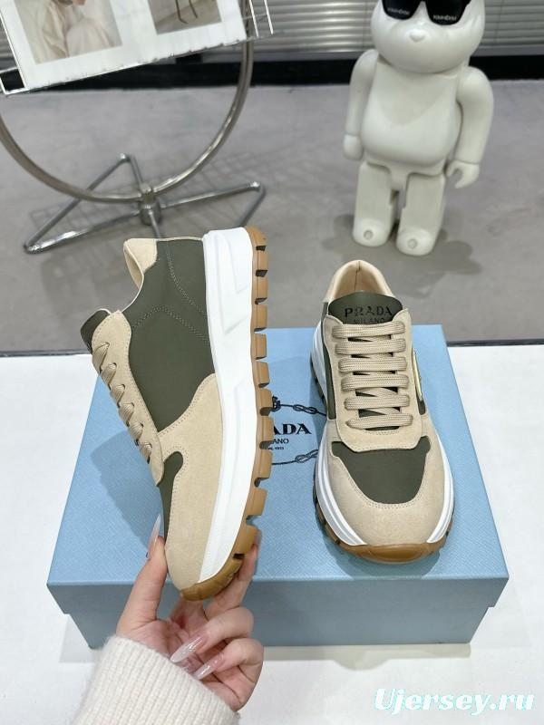 2025 Women Prada Beige Green Nubuck Leather Sneakers KFY00310