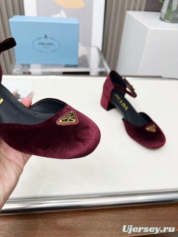 2025 Women Prada Burgundy Velvet Mary Jane Buckle KFY00270