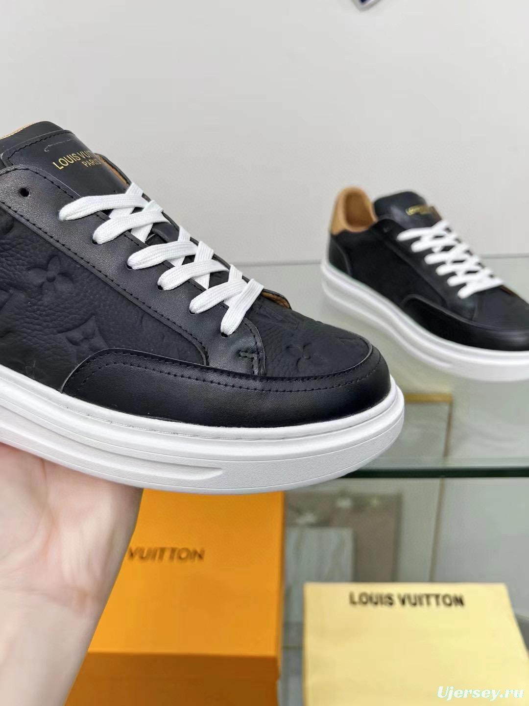2024 Unisex Louis Vuitton Black Beige Leather Sneakers