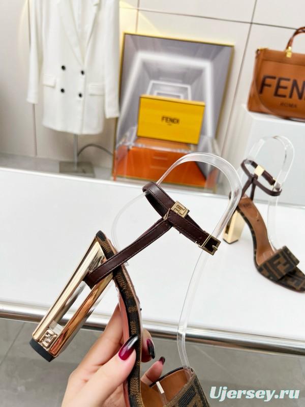 2025 Women Fendi Brown Leather Suede High Heel Sandals