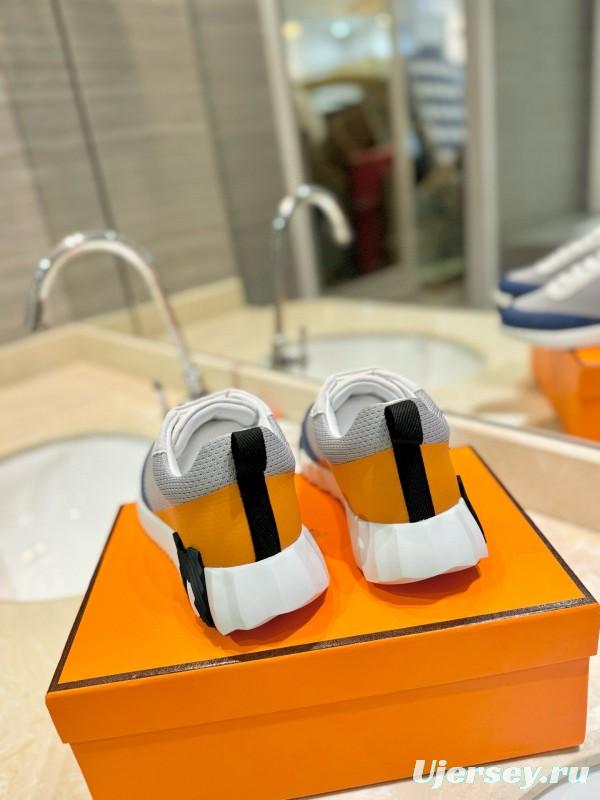 2024 Unisex Hermès Blue Grey Orange Suede Rain Cloth Sneakers MJ00320