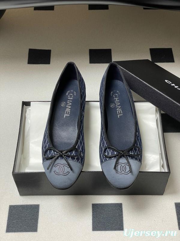 2025 Women Chanel Blue Denim Leather Ballet Flat