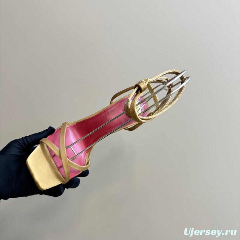 2025 Women Yves Saint Laurent Yellow Silk Strappy Heels