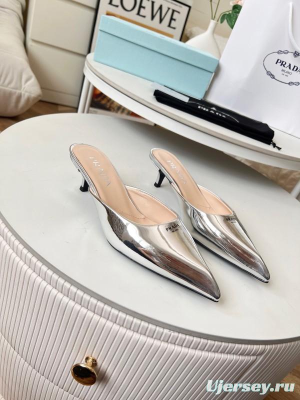2025 Women Prada Silver Patent Leather Mules