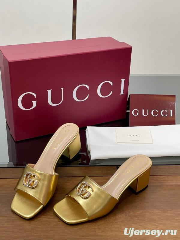 2025 Women Gucci Gold Leather Mules Block Heel