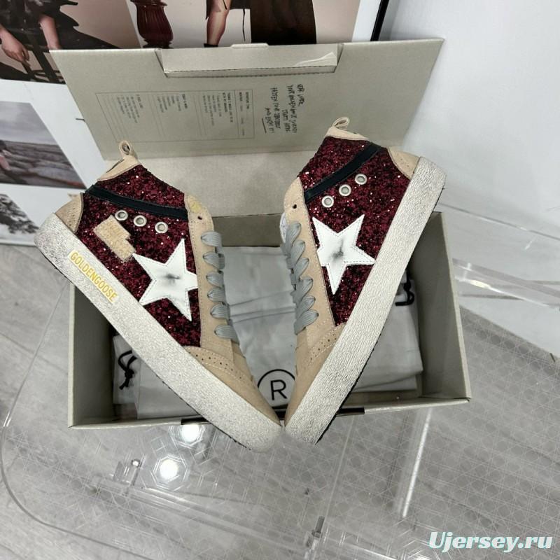 2024 Unisex GGDB Burgundy Beige Glitter Leather High Top Sneakers MJ00300