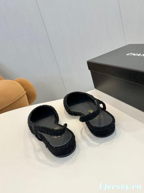 2025 Women Chanel Black Leather Bouclé Ballet Flats LY00240