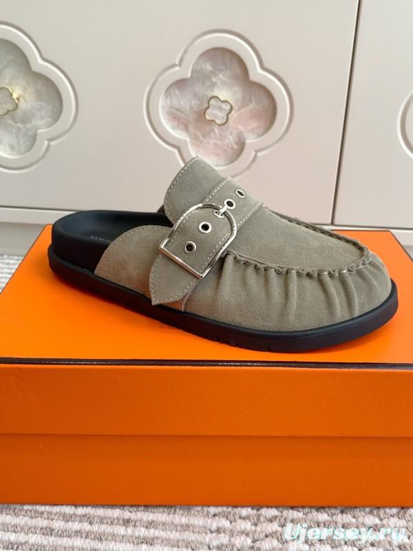 2025 Women Hermès Grey Suede Mule Shoe KFY00290