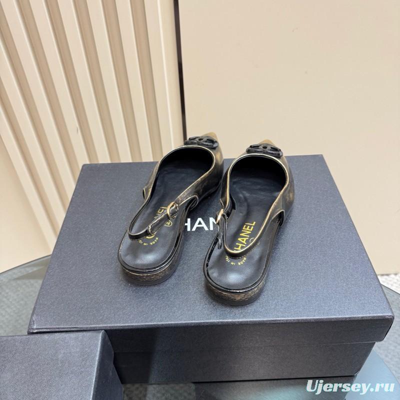 2025 Women Chanel Black Gold Satin Leather Sandals KFY00290